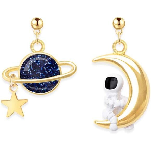 MALOYANVE Asymmetrical Earrings | Cute Star, Moon, Planet & Spaceman Dangle - Picture 1 of 6